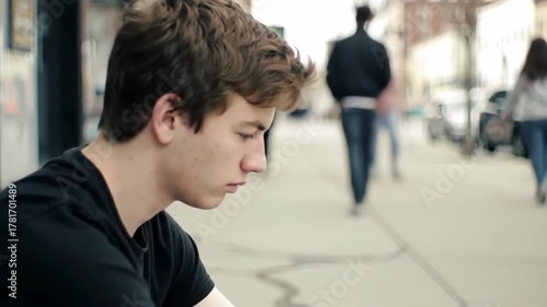 Pensive young man on city sidewalk, walking people blurred in background, for editorial use