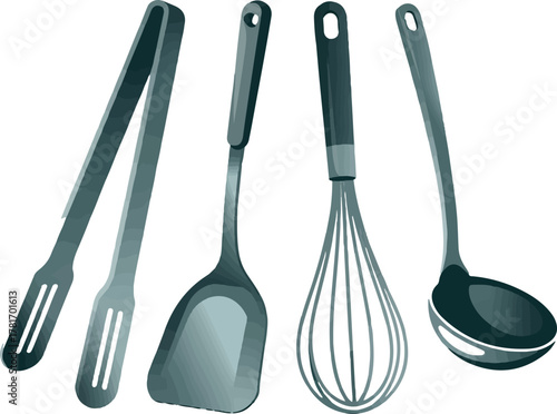Set of stainless steel kitchen utensils for cooking food preparation isolated on transparent background realistic vector illustration