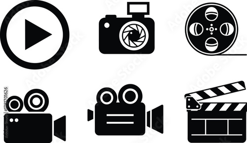 Video and photography icon set vector, play button, camera, film reel, camcorder, and clapperboard symbols for movie, media, and design illustration