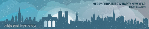 Greetings from Belgium. Christmas, winter banner with cities panorama. Festive skylines of Brussels, Bruges, Ghent, Liege for web design, header, social media, backdrop