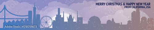 Greetings from California, United States of America. Christmas, winter banner with cities panoramas. Festive skylines of Los Angeles, San Francisco, San Deigo for web design, header, social media