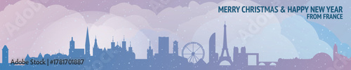 Greetings from France. Christmas, winter banner with cities panorama. Festive skylines of Paris, Lyon, Marseille, Toulouse, Nice, Strasbourg for web design, header, social media, backdrop