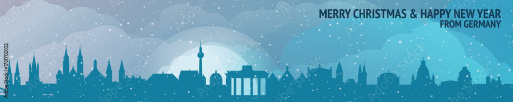 Naklejka premium Greetings from Germany. Christmas, winter banner with cities panorama. Festive skylines of Berlin, Munich, Hamburg, Cologne, Bremen for web design, header, social media, backdrop