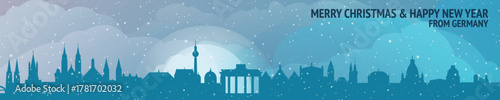 Greetings from Germany. Christmas, winter banner with cities panorama. Festive skylines of Berlin, Munich, Hamburg, Cologne, Bremen for web design, header, social media, backdrop