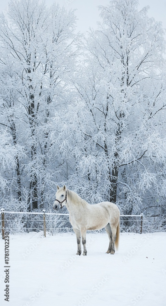 Fototapeta premium Elegant white horse stands quietly in a pristine winter wonderland, with a blanket of fresh snow and ice-laden trees creating a peaceful, frosty scene ,tranquil ,outdoor beauty ,light