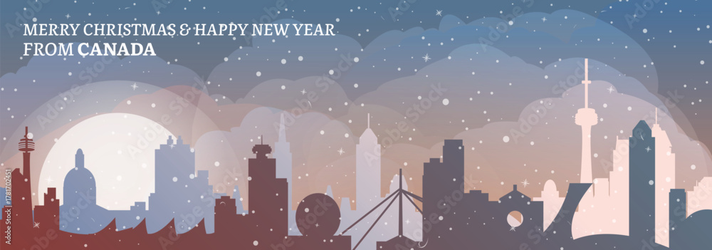 Fototapeta premium Greetings from Canada. Christmas, winter banner with cities panorama. Festive skylines of Toronto, Ottawa, Vancouver, Montreal, Quebec for web design, header, social media, backdrop