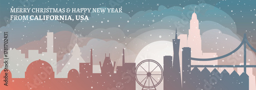 Greetings from California, United States of America. Christmas, winter banner with cities panoramas. Festive skylines of Los Angeles, San Francisco, San Deigo for web design, header, social media