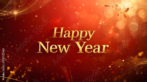 Elegant golden happy new year text with sparkling lights and confetti on a warm red background for festive celebrations and greetings