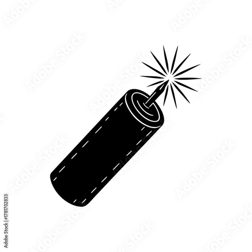 Lit dynamite stick, sparking fuse, explosion danger icon symbol.