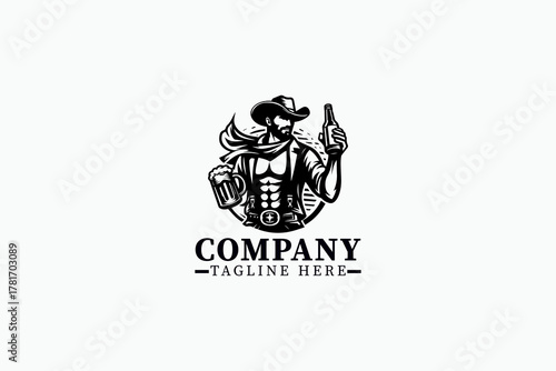 Minimalist Cowboy Holding Beer Vector Logo – Black Silhouette of Western Cowboy Raising Beer Mug in Cheerful Pose, Simple Bold 2D Design for Bar Branding, Saloon Illustration, Festival Mascot, and Wil