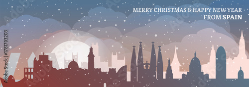 Greetings from Spain. Christmas, winter banner with cities panorama. Festive skylines of Barcelona, Madrid, Valencia, Seville for web design, header, social media, backdrop