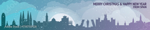 Greetings from Spain. Christmas, winter banner with cities panorama. Festive skylines of Barcelona, Madrid, Valencia, Seville for web design, header, social media, backdrop