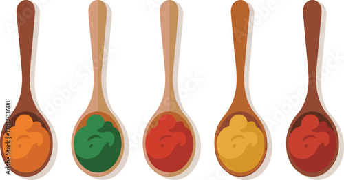 Wooden spoons with a variety of colorful powder spices for cooking and seasoning isolated vector illustration
