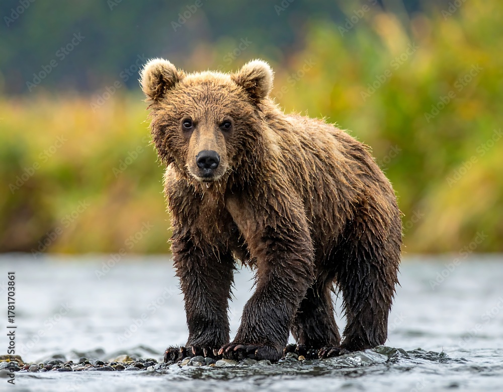 Obraz premium Brown bear standing on rocks in water, with lush green foliage in the background