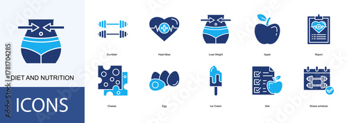 diet and nutrition icon collection set. Containing Dumbbel, Heart Beat, Lose Weight, Apple, Report, Cheese icon