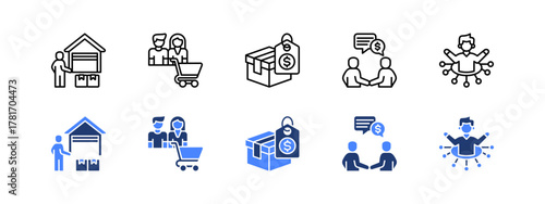 Suppliers, Buyers, Pricing, Negotiation, Influence with two styles, line and duotone icon.