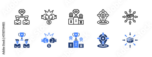 Competition, Rivalry, Competitive, Positioning, Differentiation with two styles, line and duotone icon.