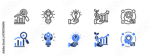 Trends, Innovation, Opportunities, Growth, Adaptability with two styles, line and duotone icon.