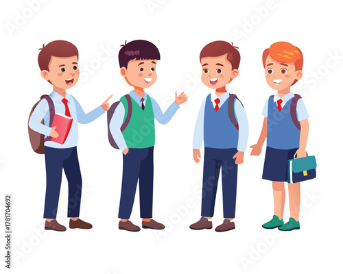 School kids student vector characters set. Back to school boy cartoon characterswith school uniform talking and doing educational activities. Vector ... See More