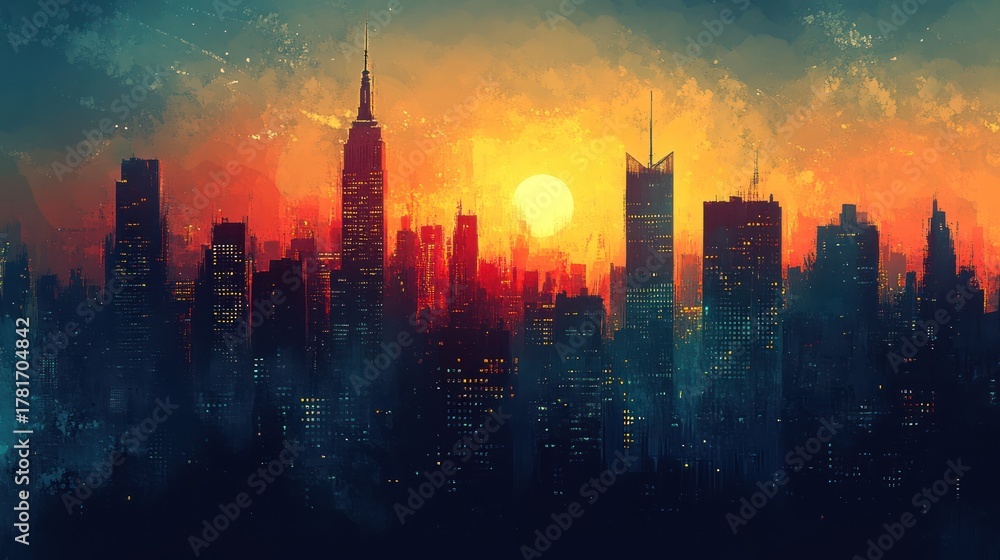 Fototapeta premium City skyline at sunset, vibrant colors, urban scene, artistic style