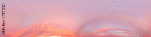 Seamless 360 HDR spherical panorama of sunset sky with vibrant pink Cumulus clouds. Full zenith or sky dome in 3D, sky replacement for aerial drone panoramas. Climate and weather change.