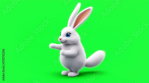 Cute 3D white rabbit character standing on hind legs with blue eyes, isolated on a green screen.