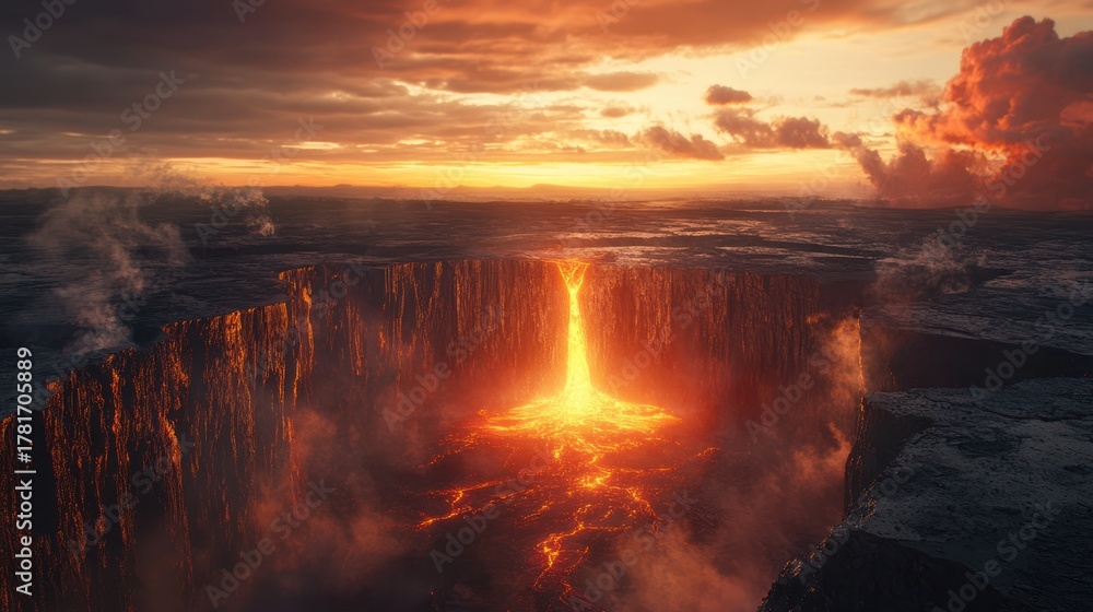 Fototapeta premium Volcanic fissure, fiery lava flow, sunset sky, epic landscape, digital art