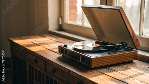 Vintage Vinyl Record Player on Wooden Table Near a Window