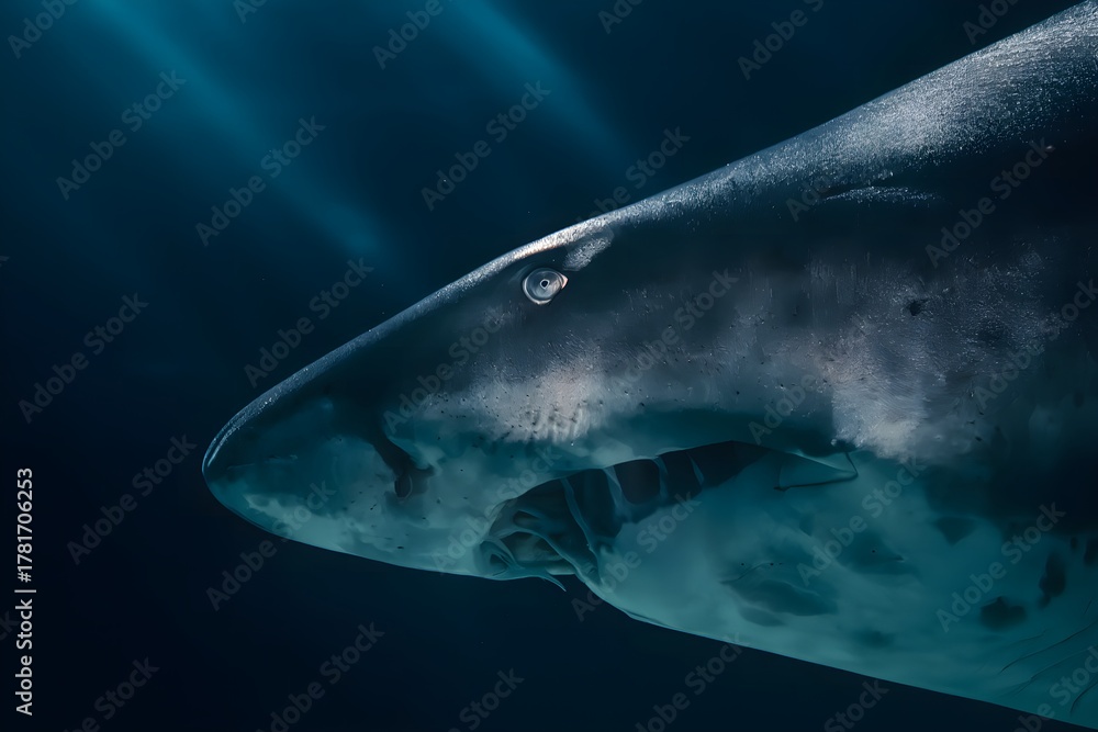 Naklejka premium Shark underwater in deep dark ocean with sun rays
