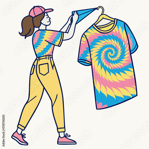 Tie Dye Shirt DIY Fashion — Handmade Color Icon Vector with Girl Wearing Matching Tie Dye Shirt and Cap