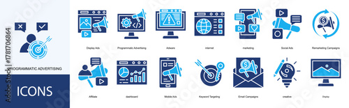 programmatic advertising icon collection set. Containing Adware, internet, marketing, Social Ads, Remarketing Campaigns, Affiliate icon