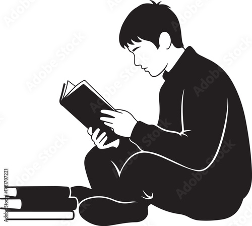 A Student Reading a Book Silhouette: Education and Learning

Man Sitting on the Ground Reading, Black and White Vector

Concentration and Academic Study Time Concept