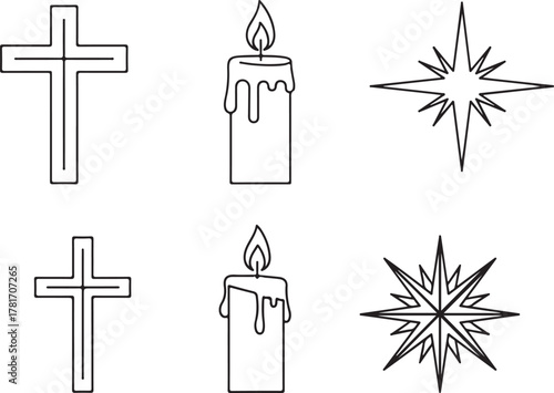 Christian Religious Symbols Line Art Icon Set

Minimalist Cross, Candle, and Star of Bethlehem Outline

Christmas Nativity Faith Icons Vector Pack