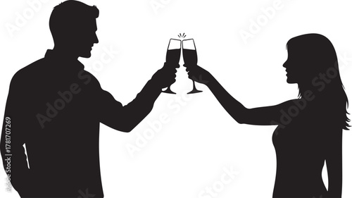 Couple Toasting Champagne Glasses Silhouette

Man and Woman Celebrating Anniversary or New Year's Eve

Vector Silhouette of a Romantic Celebration Toast