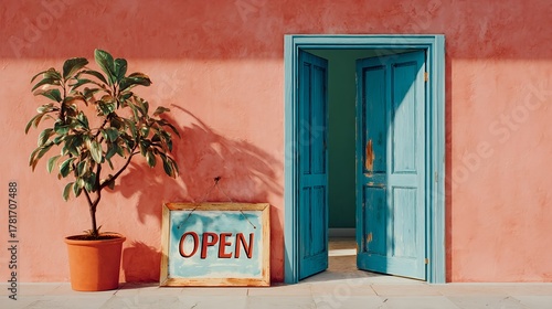 A blue door with a sign that says open. A potted plant is next to the door