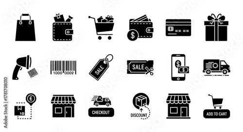 Set of shopping icons isolated on white background, including bag, wallet, and gift box