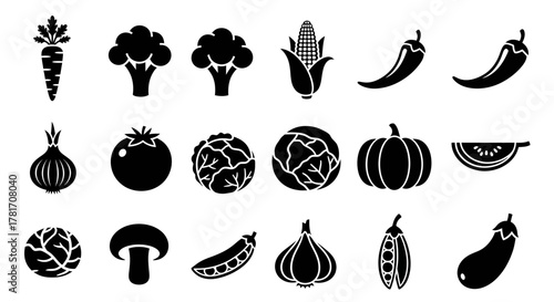 Collection of various vegetables isolated on white background in a simple black style