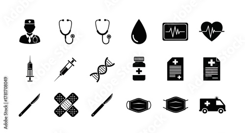 Collection of various medical equipment isolated on white background in a simple black style