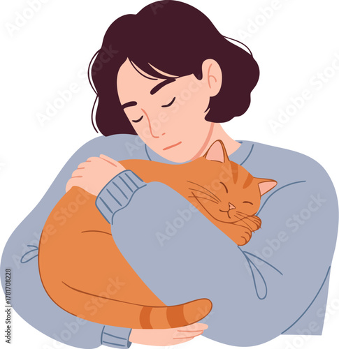 Woman holding and hugging an orange cat in her arms.
