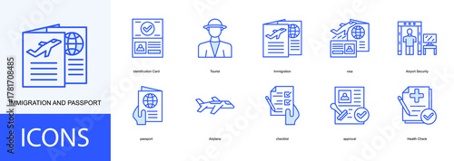 immigration and passport icon collection set. Containing Identification Card, Tourist, Immigration, visa, Airport Security, passport icon
