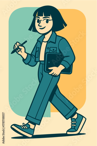 Stylish Young Designer Girl Walking With Marker And Sketchbook Modern Character Illustration