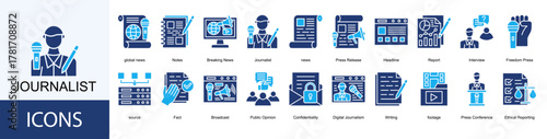 Journalist icon collection set. Containing global news, Notes, Breaking News, news, Press Release, Headline, Report, Interview icon