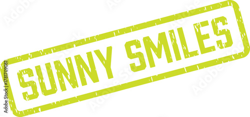 Bright green Sunny Smiles greeting etched onto a rustic rectangular stamp with an aged grunge finish