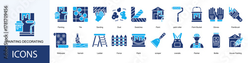 Painting Decorating icon collection set. Containing Painting, Tile, Sanding, Dust, Swatches, Paint, paint roller icon