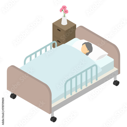 Isometric illustration of a hospital bed and a patient