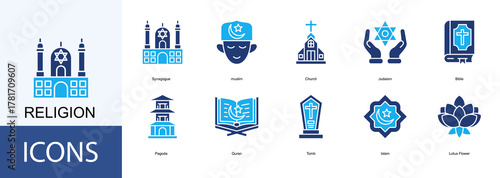 Religion icon collection set. Containing Synagogue, muslim, Church, Judaism, Bible icon