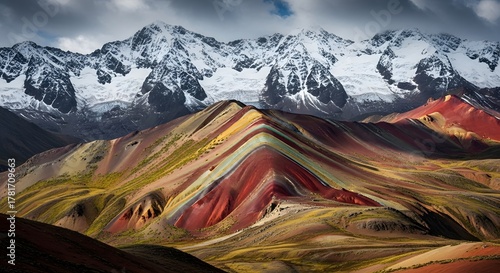 Stunning Vinicunca Rainbow Mountain with Snow Capped Andes Peaks in Peru