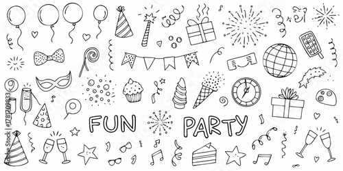 Collection of hand drawn doodle elements for fun party celebration and birthday events
