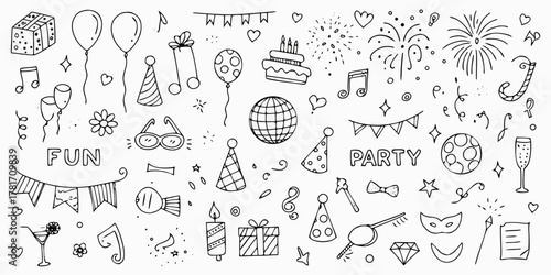 Collection of hand drawn party elements and celebrations with fun and party text