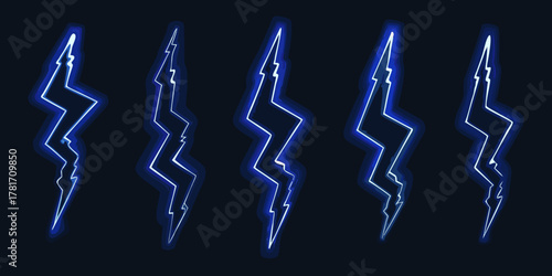 Collection of five glowing blue lightning bolt symbols against a dark background